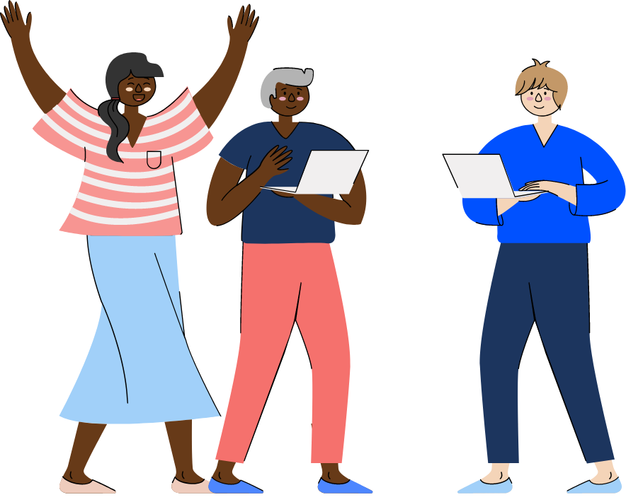 Illustration of two people on laptops and third person with hands up